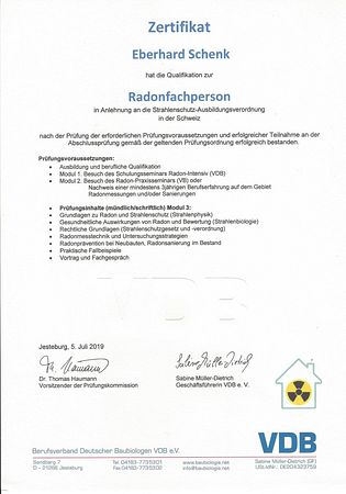 Zertifikat: Qualifikation zur Radonfachperson (VDB) Zertifikat: Qualifikation zur Radonfachperson (VDB)